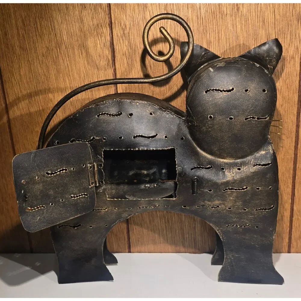 Metal Cat Candle Holder Lantern Black Gold Pierced Folk Art Indonesia 11
