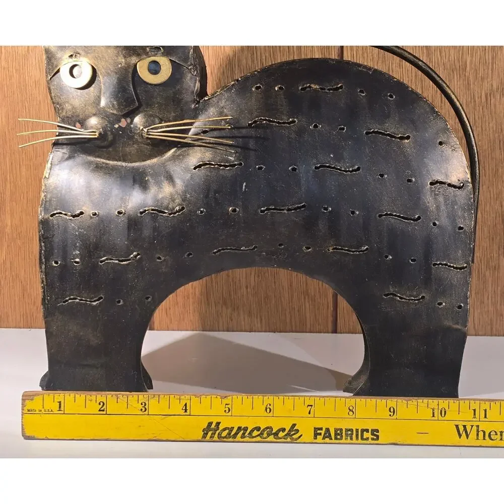 Metal Cat Candle Holder Lantern Black Gold Pierced Folk Art Indonesia 11