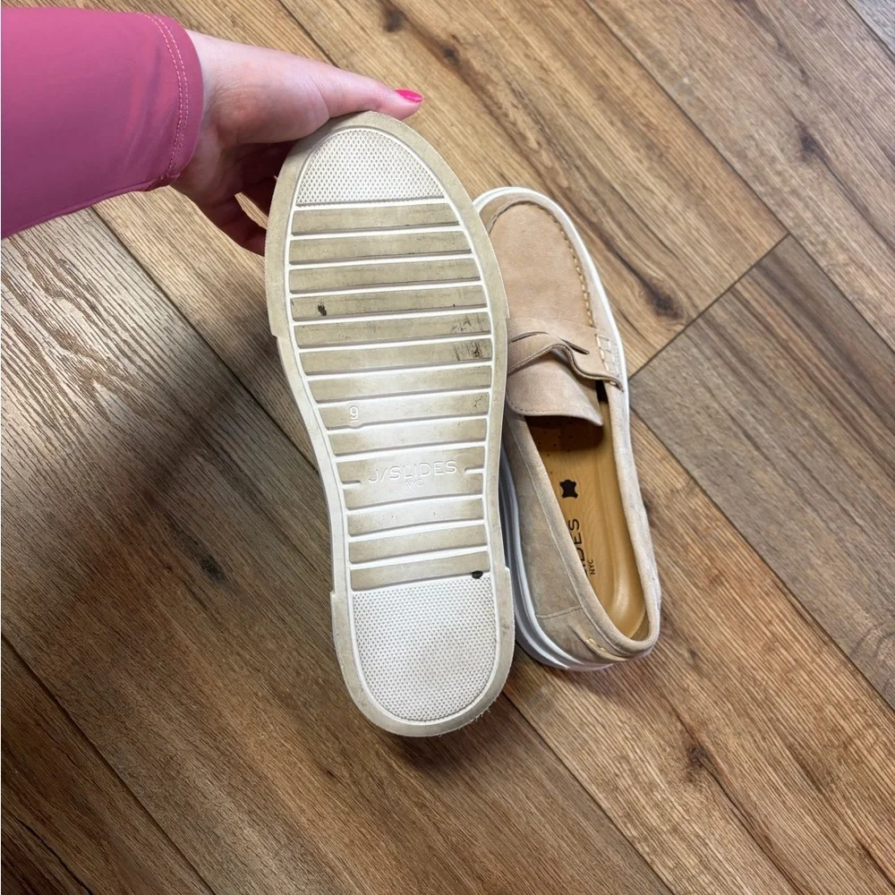 J/Slides AVA platform penny loafers in a light sand suede