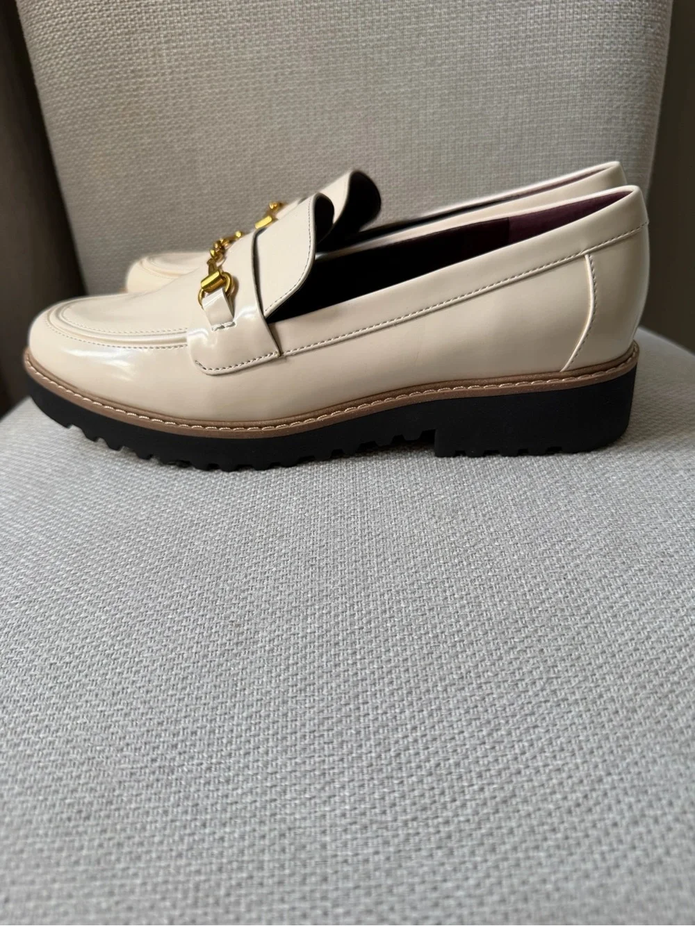 Franco Sarto Cream Patent Loafers with Gold Bit and chunky style soles