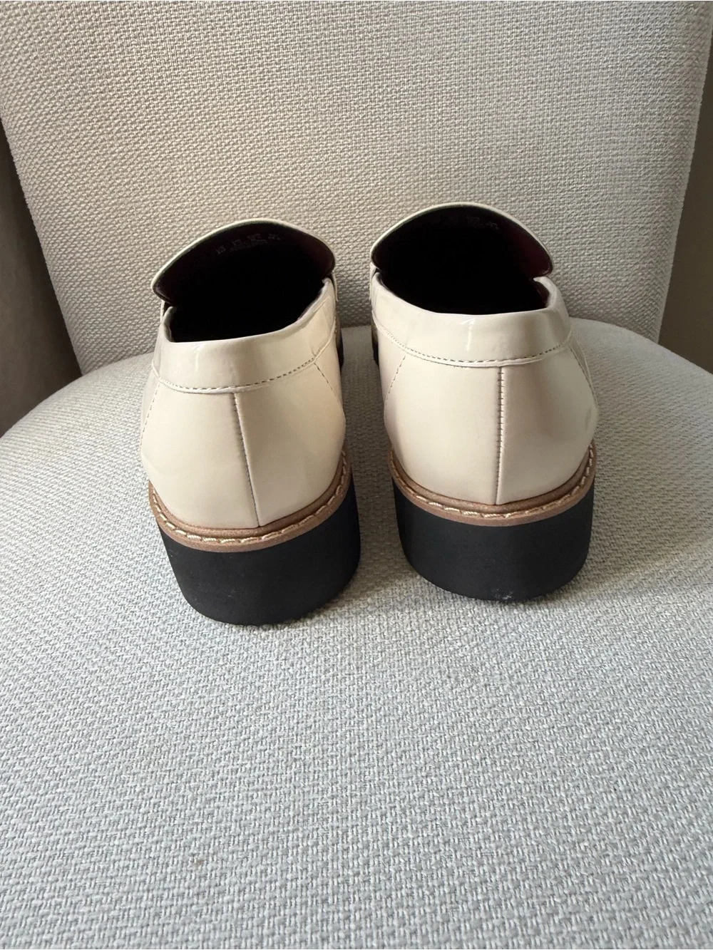 Franco Sarto Cream Patent Loafers with Gold Bit and chunky style soles
