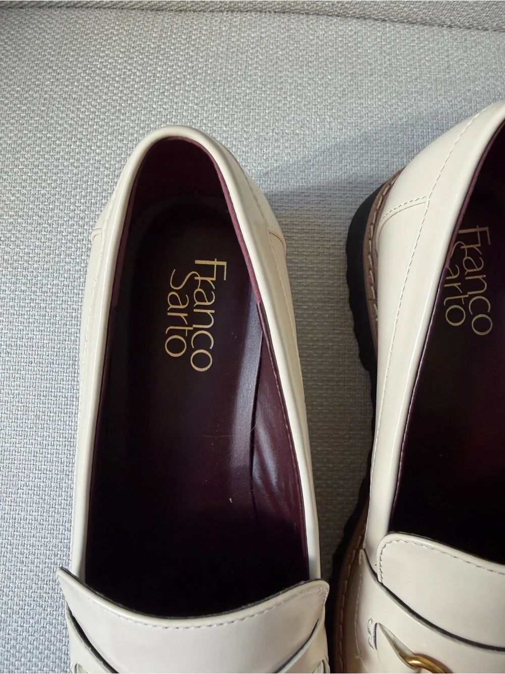 Franco Sarto Cream Patent Loafers with Gold Bit and chunky style soles