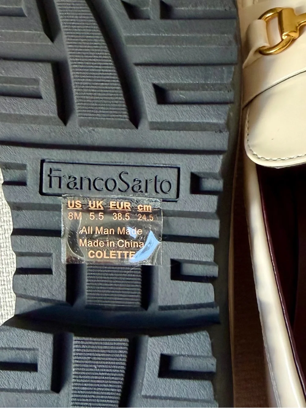 Franco Sarto Cream Patent Loafers with Gold Bit and chunky style soles