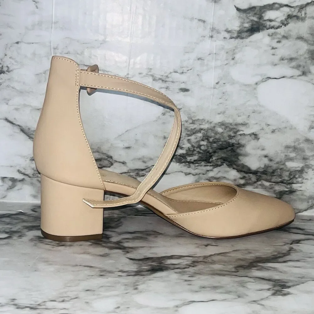 Ankis Nude Pumps Women Size 6 Pointed Toe 2.25” Block Heel Ankle Strap Box