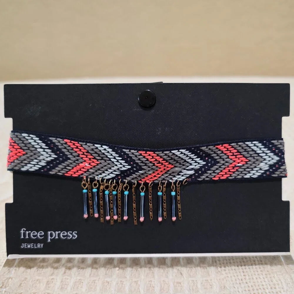 NWT free press Pink Grey Woven Tribal Boho Chic Colorful Fringe Choker Necklace