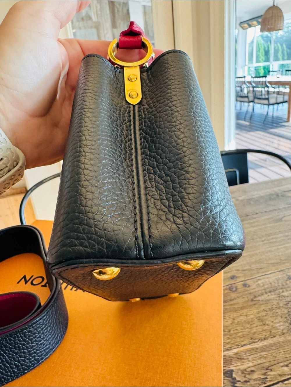 Authentic Louis Vuitton Capucines Mini Top-Handle Bag in Black & Red with COA
