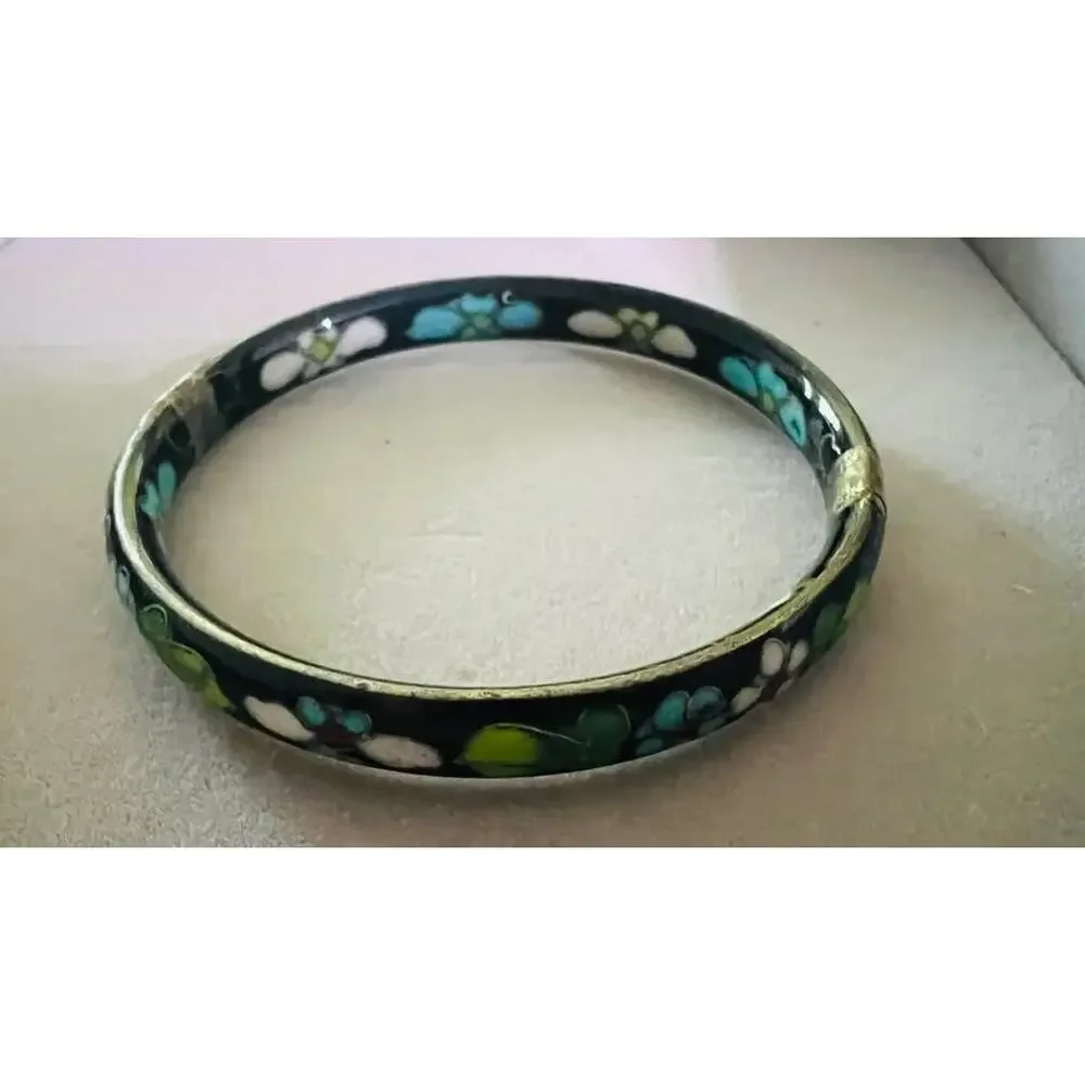 Vintage Cloisonné Enamel Floral Bangle Bracelet