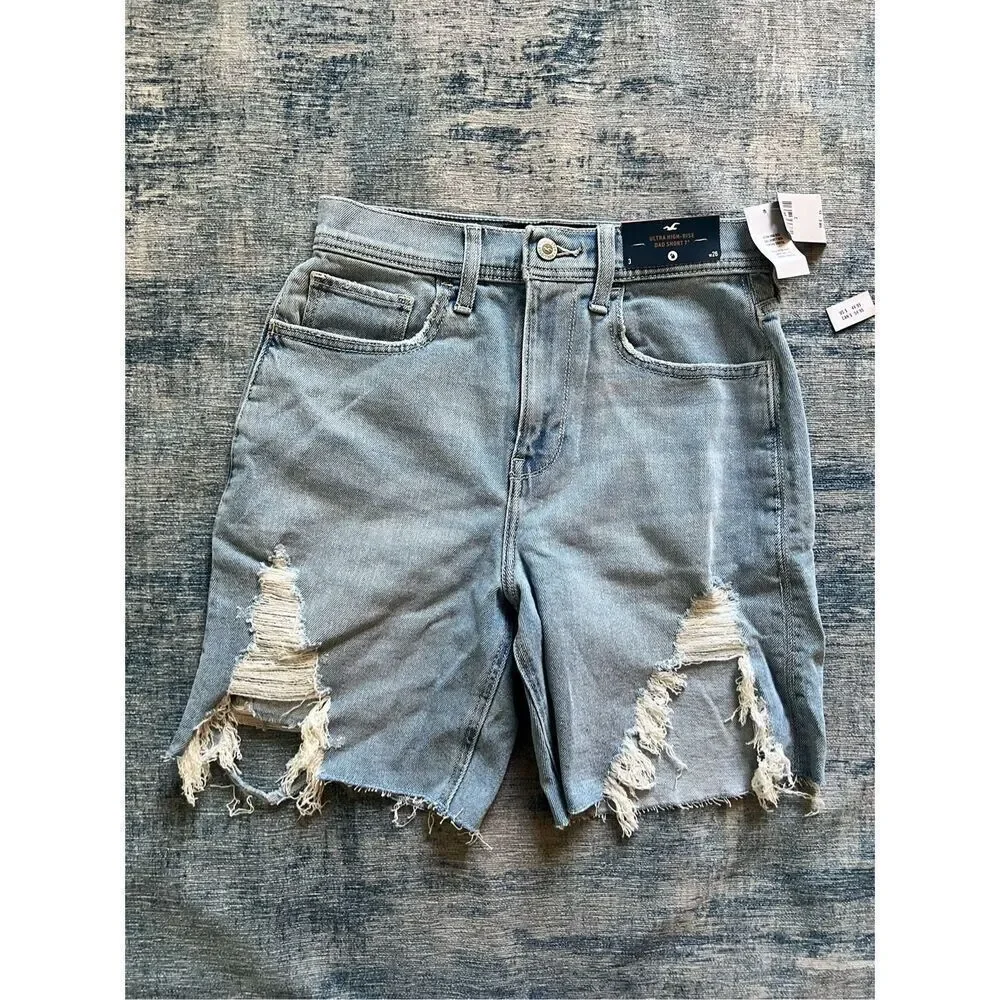NWT! Hollister Light Wash Distressed Ultra High Rise Dad Shorts 7