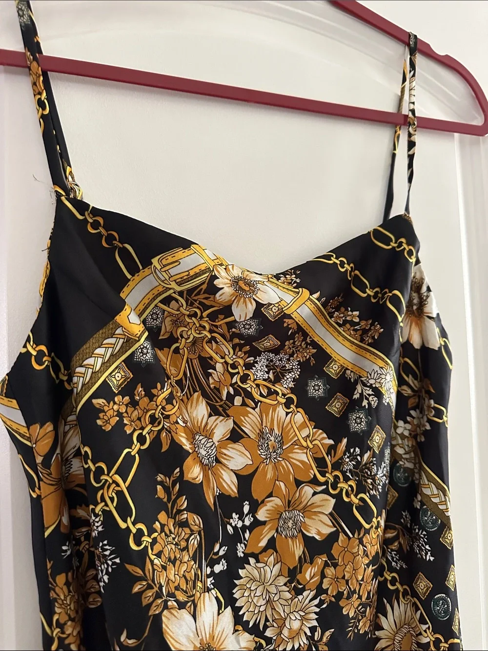 Princess Polly Black Satin Cami with Gold Floral & Chain Print