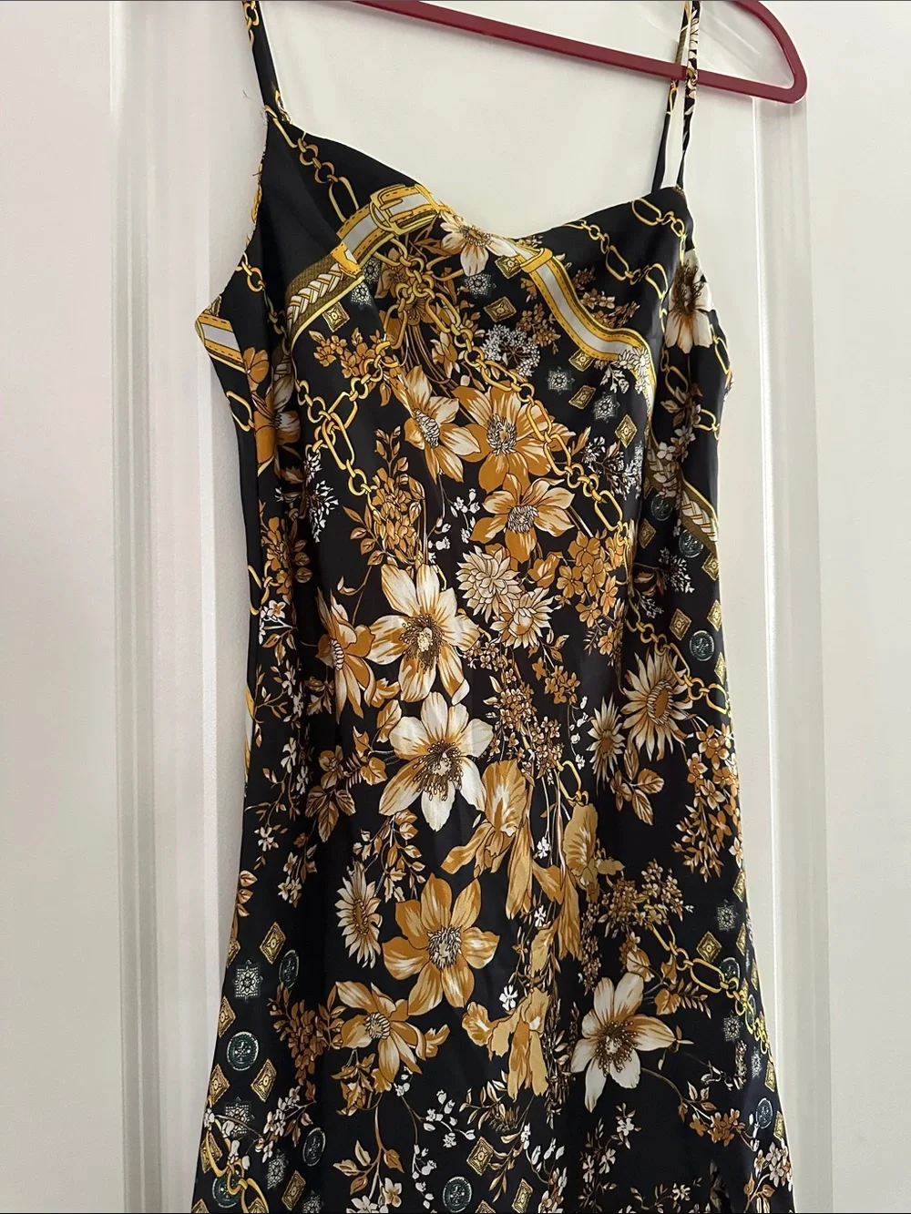 Princess Polly Black Satin Cami with Gold Floral & Chain Print