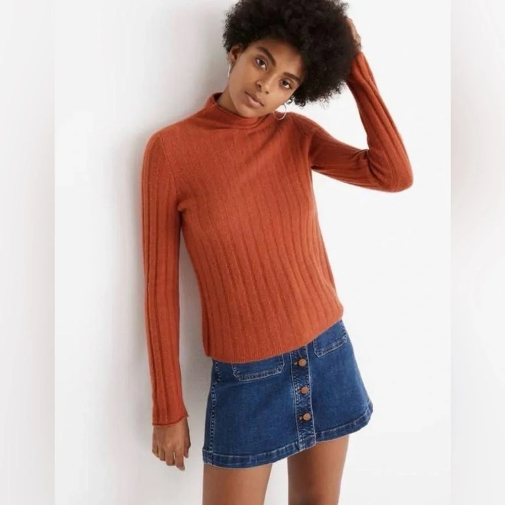 Madewell Ribbed Mock Neck Soft Roll Neck Sweater Burnt Orange Small Cozy Autumn