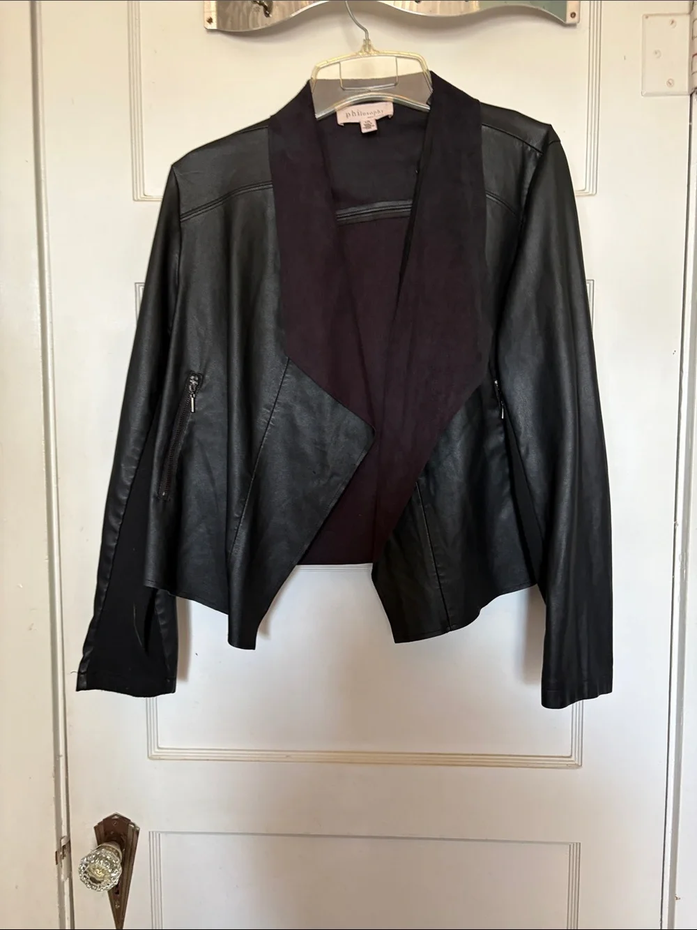 Philosophy Black Faux Leather Jacket with Draped Front Size L