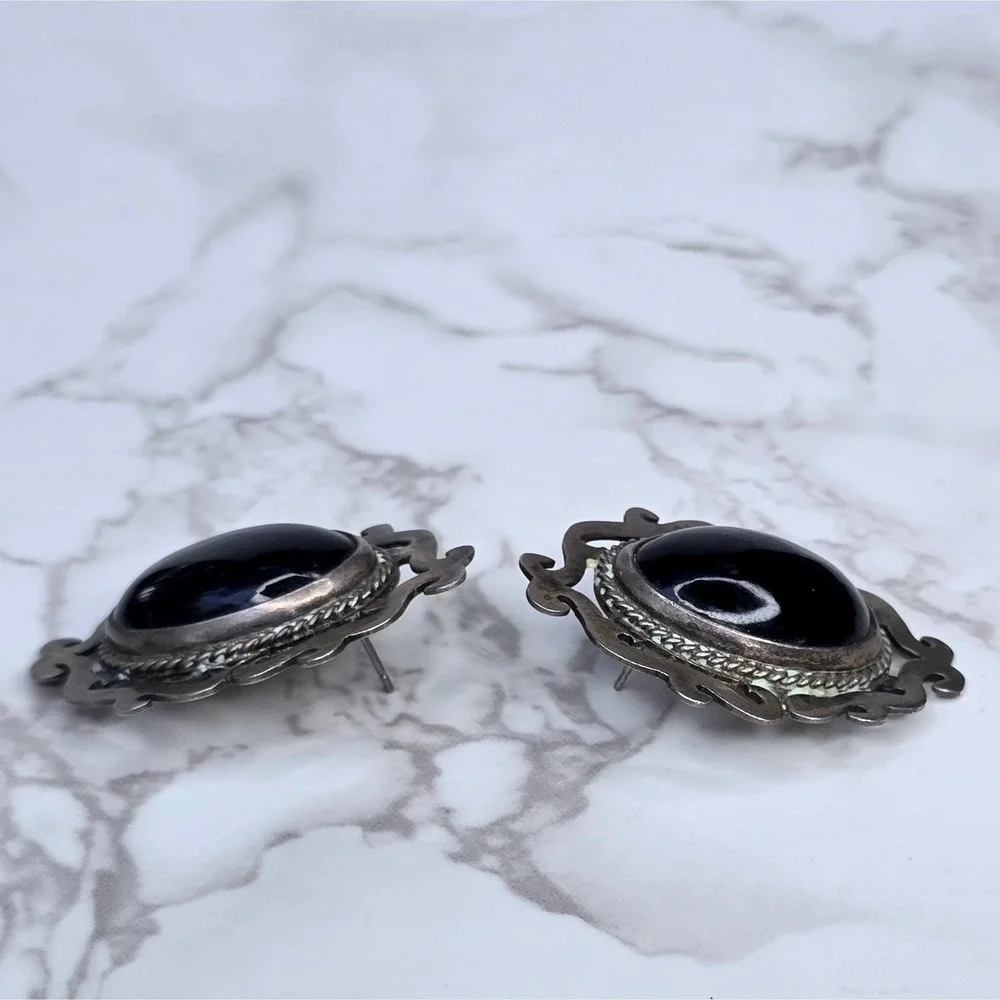Vintage Taxco Mexico 925 Sterling Silver Black Onyx Post Earrings 23.8g TB-157