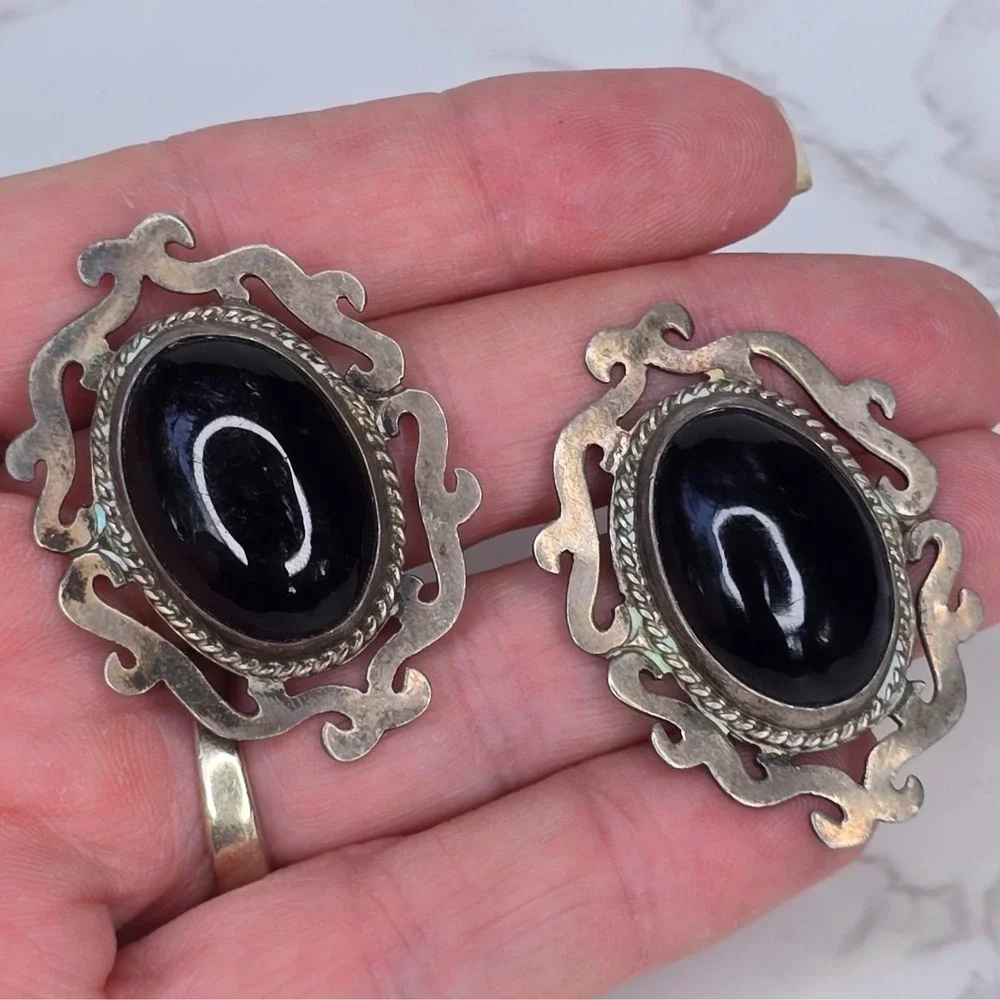 Vintage Taxco Mexico 925 Sterling Silver Black Onyx Post Earrings 23.8g TB-157