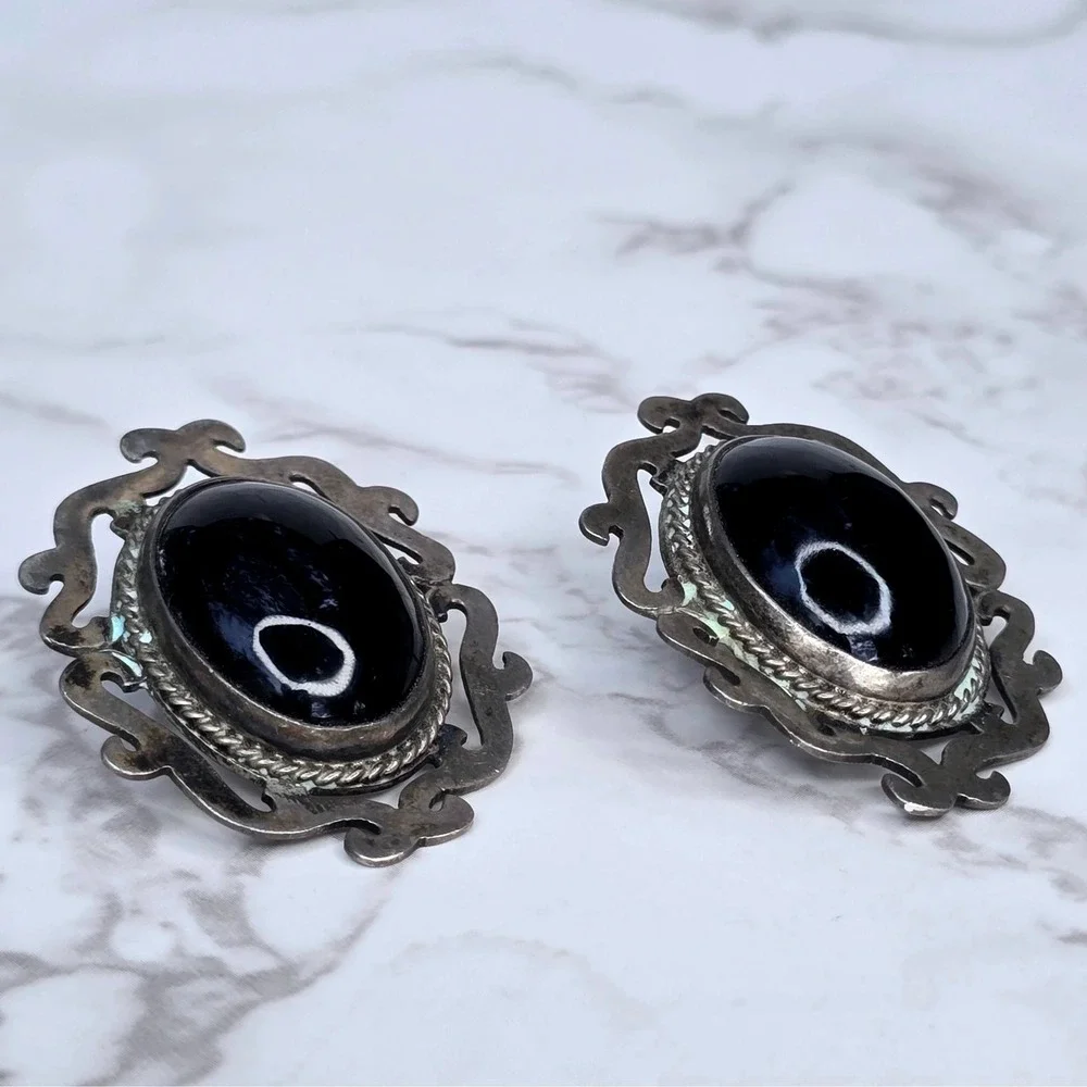 Vintage Taxco Mexico 925 Sterling Silver Black Onyx Post Earrings 23.8g TB-157