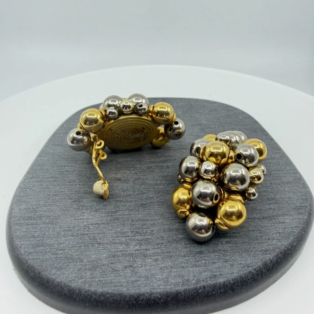 Gold & Silver Tone Bead Cluster Clip On Earrings Chunky Statement Jewelry Gift
