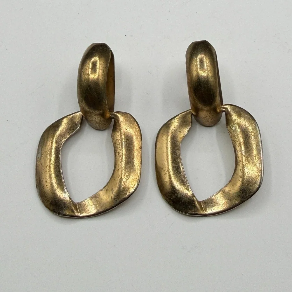Gold Tone Geometric Door Knocker Dangle Earrings Chunky Statement Pierced Pair