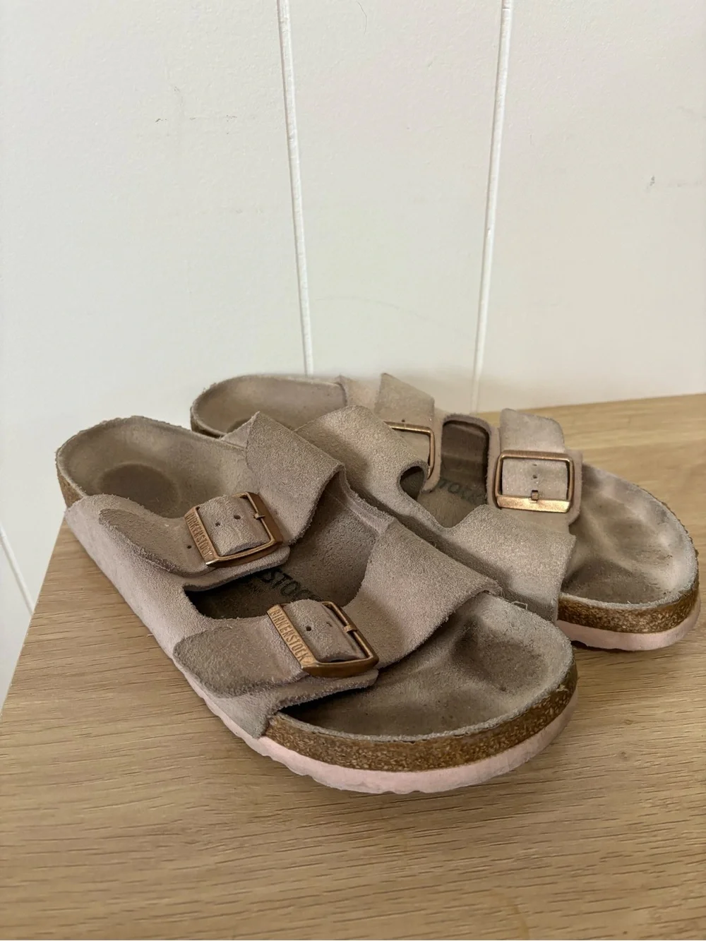 Birkenstock Two-Strap Suede Sandals in Light Beige with Rose Gold Buckles