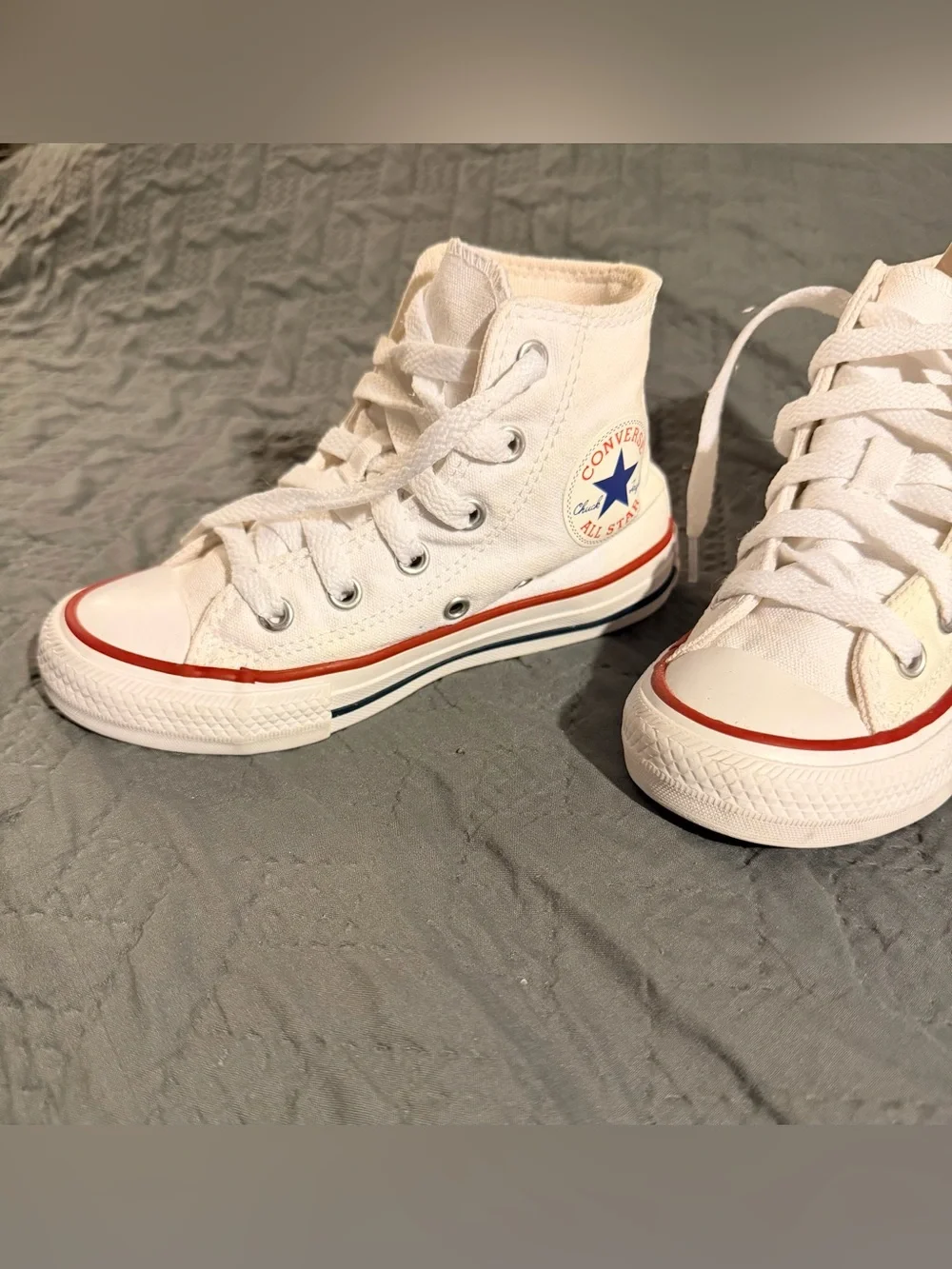 Converse Kids White High Top Sneakers with Red & Blue Trim 11c