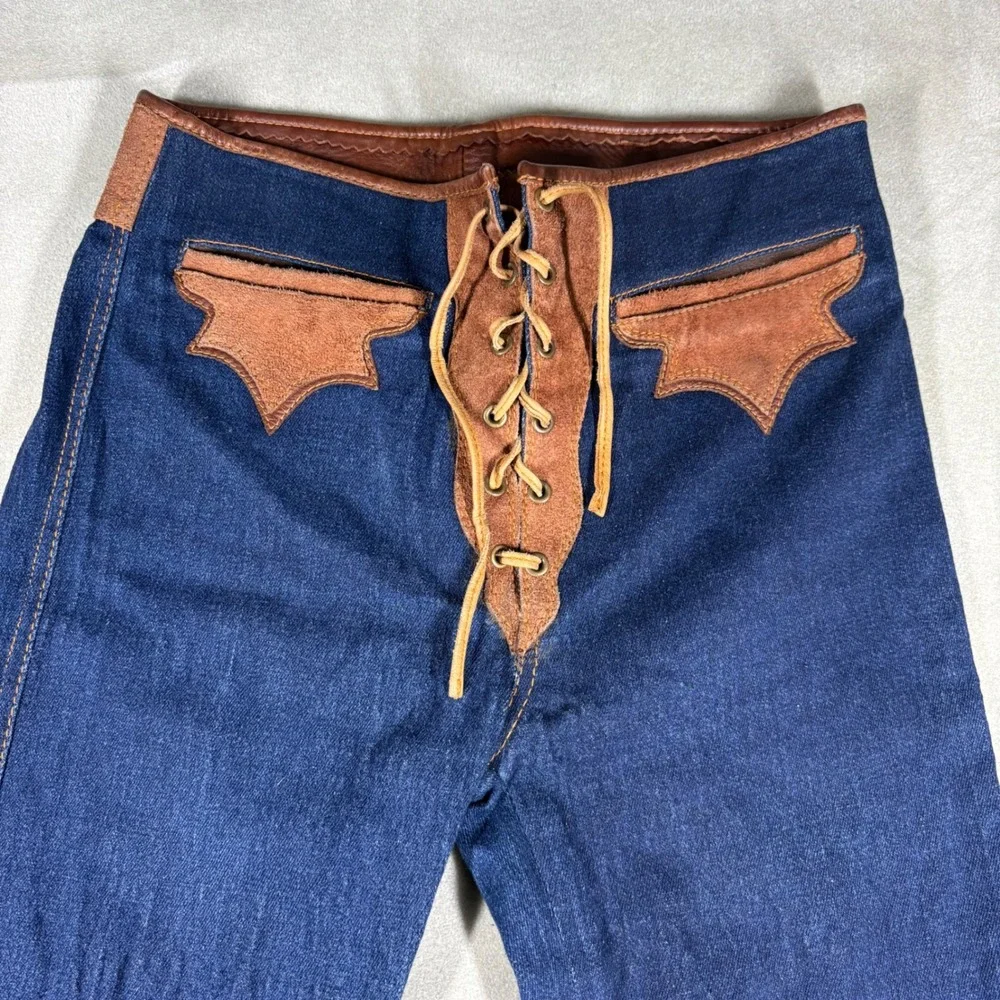 Vintage Royal Flesh Custom Leather Denim Lace Up Flare Jeans 80s 90s Western M