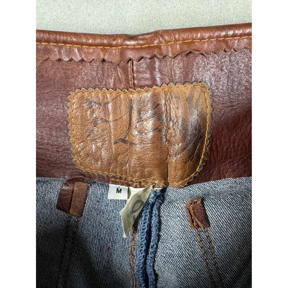 Vintage Royal Flesh Custom Leather Denim Lace Up Flare Jeans 80s 90s Western M