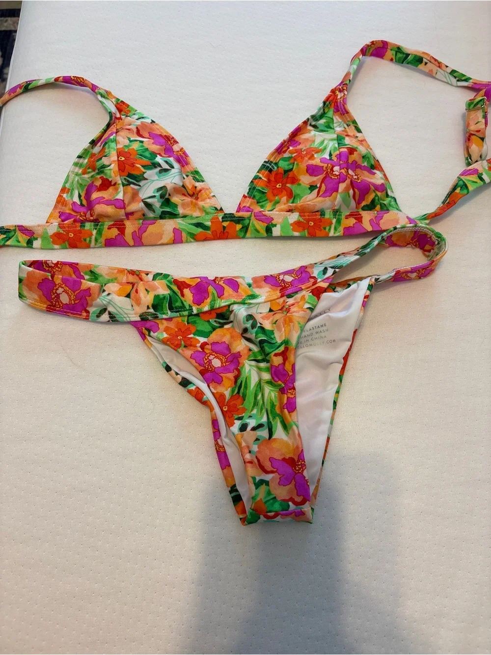 Hello Molly Multi Floral V-Neck Bikini — White, Pink, Green, Orange