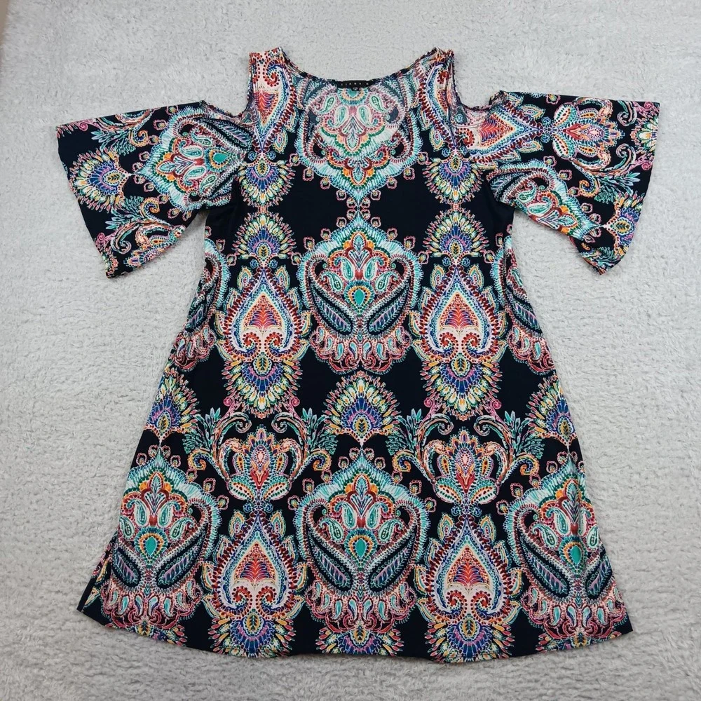 Tiana B Cold Shoulder Dress Women 16 Navy Multi Paisley Boho 72012