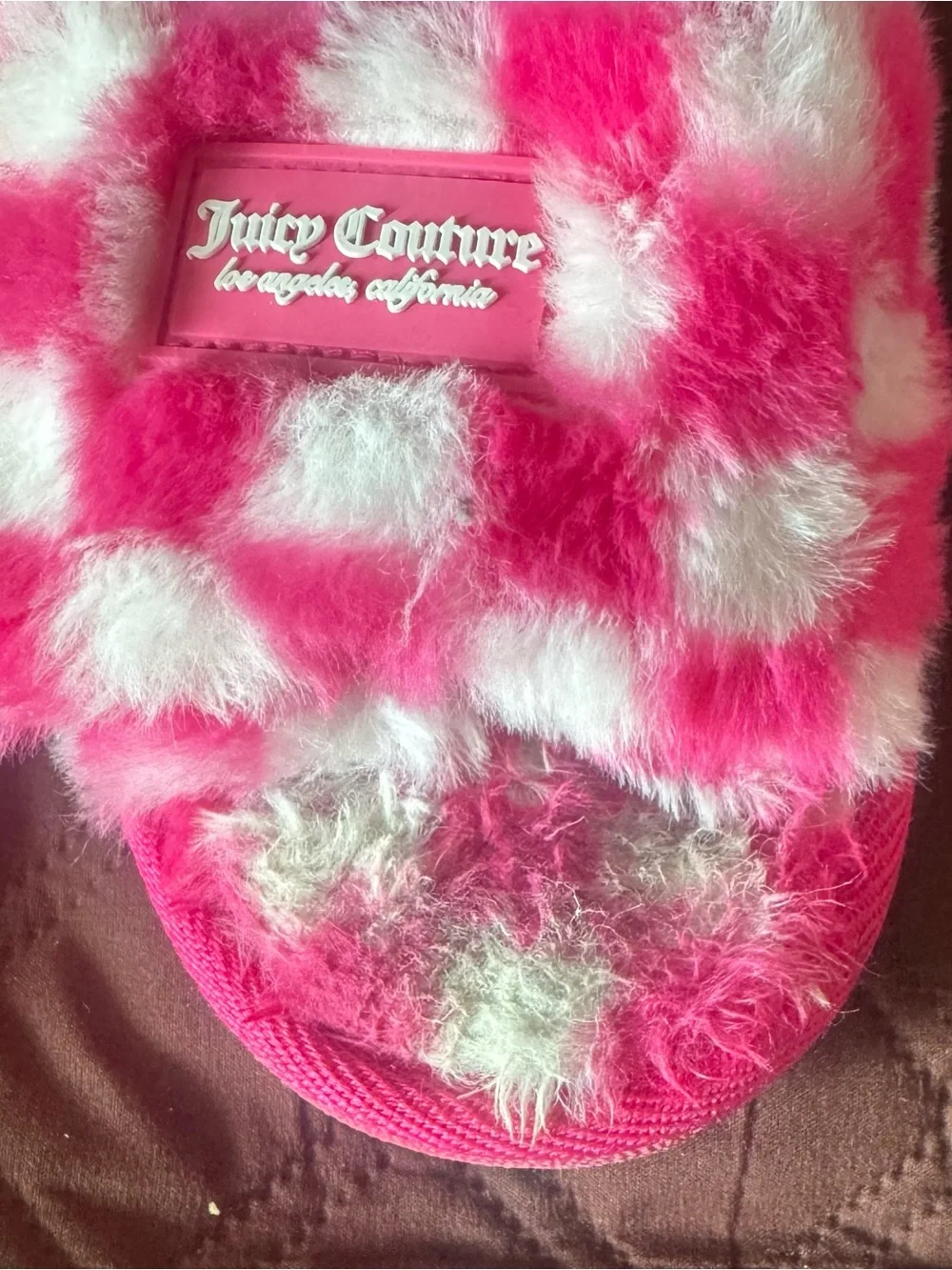 Juicy Couture Pink & White Check Fuzzy Slide Slippers