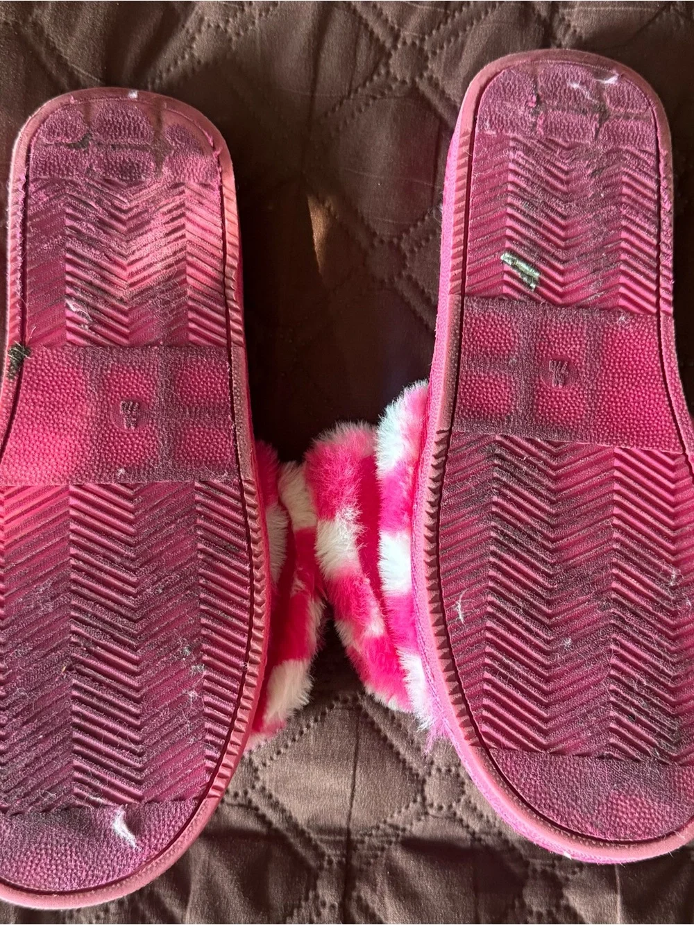 Juicy Couture Pink & White Check Fuzzy Slide Slippers