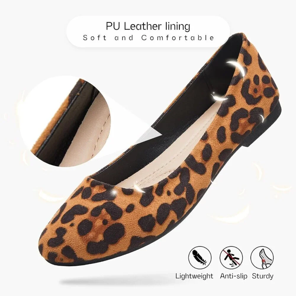 Women Mesh Ballet Leopard Flats Bow Pointed Toe Comfortable Dress Shoes for Work