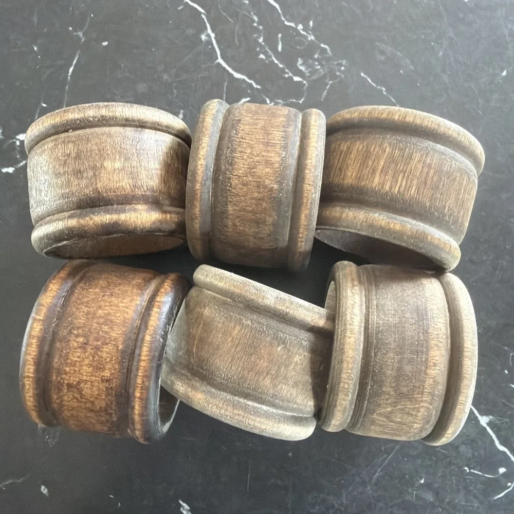 Vintage Rustic Wooden Napkin Rings Walnut Stained, Colonial, MCM Style Set of 6