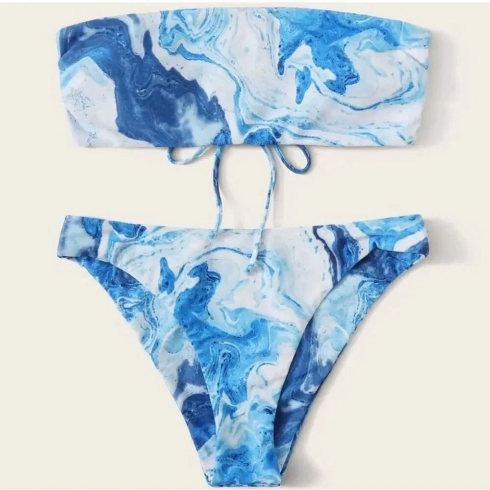 SHEIN Women’s Blue Marble Print Bikini Set Size Medium