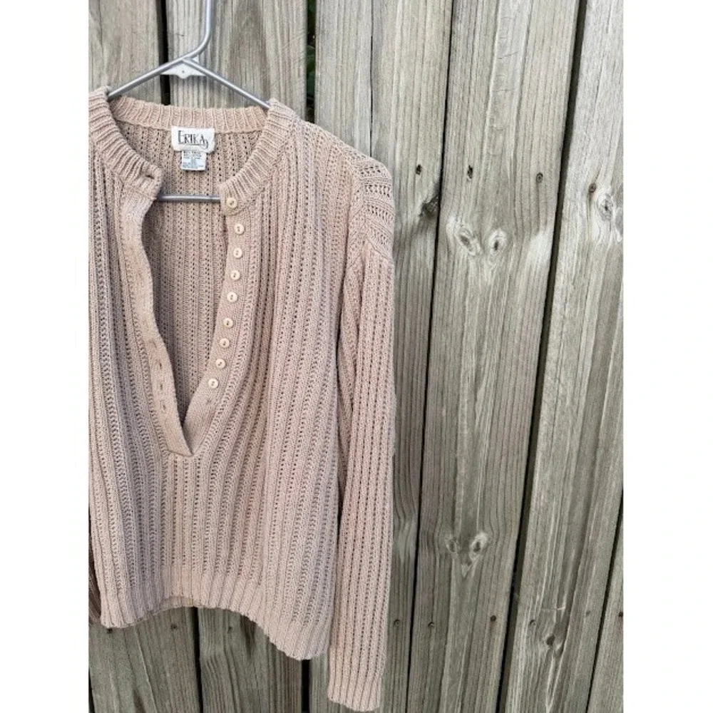 Vintage Coastal Minimalist Erika Sweater M Tan Ramie Cotton Henley Ribbed Knit