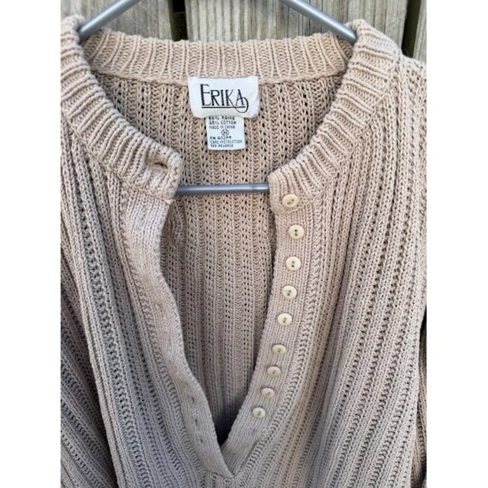 Vintage Coastal Minimalist Erika Sweater M Tan Ramie Cotton Henley Ribbed Knit