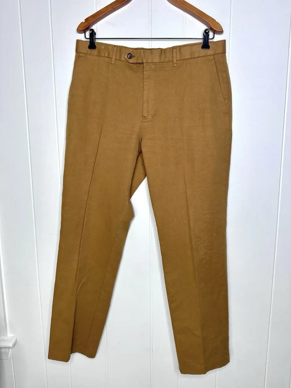 NWT J Crew Garment Dyed Cotton Linen Blend Chino suit PANT Mens 34x31 Carmel Tan