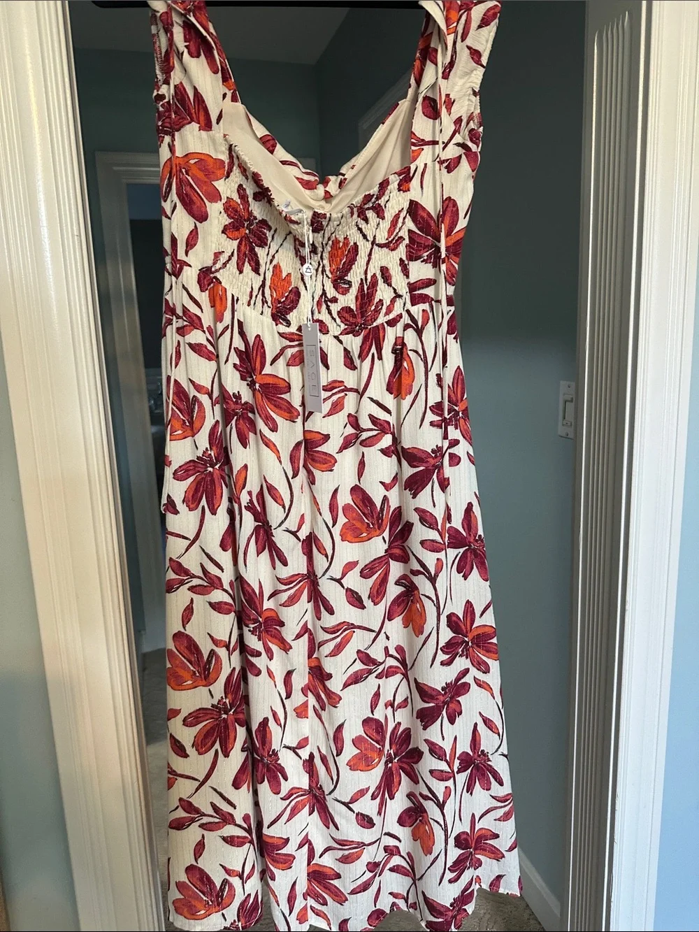Sage White Maxi Dress with Red & Orange Floral Print