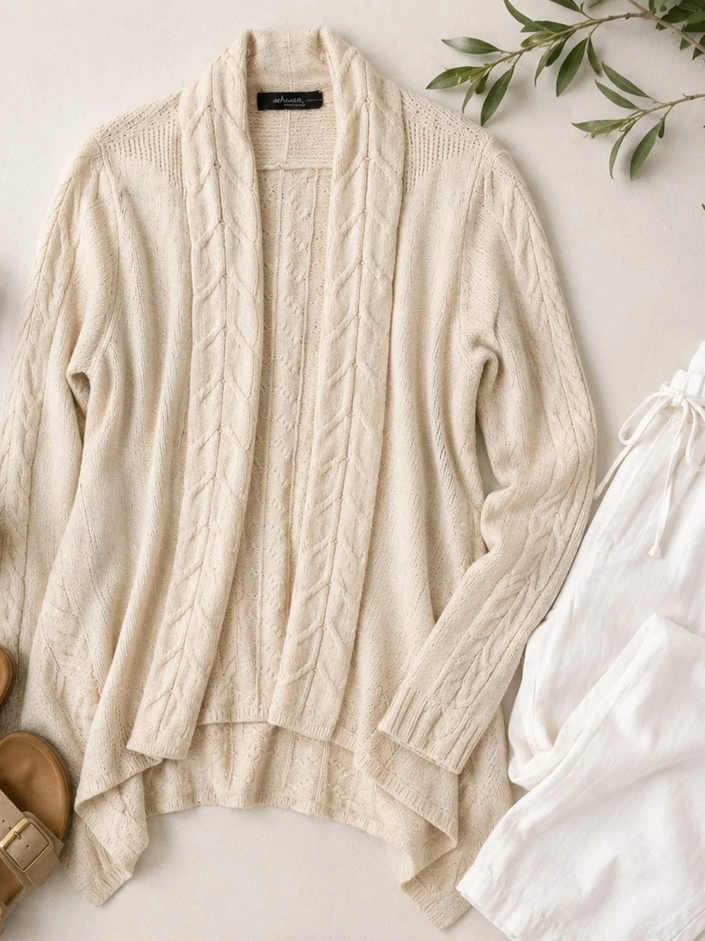 Saks Fifth Avenue 100% Cashmere Cable Knit Waterfall Cardigan XL Cream