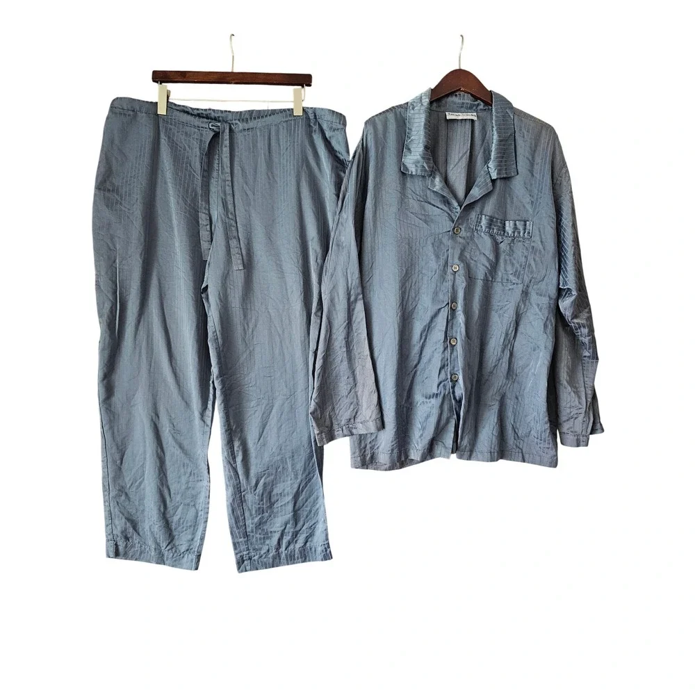 Fernando Sanchez Vintage Blue Striped Silky Pajama Set Top Pants XL Made in USA