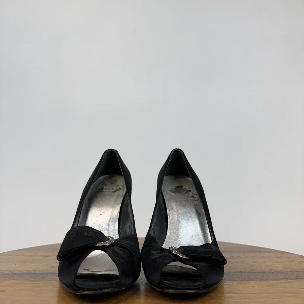Womens Stuart Weitzman Black‎ Satin Rhinestone Bow Peep Toe Pumps Heels Size 7 M