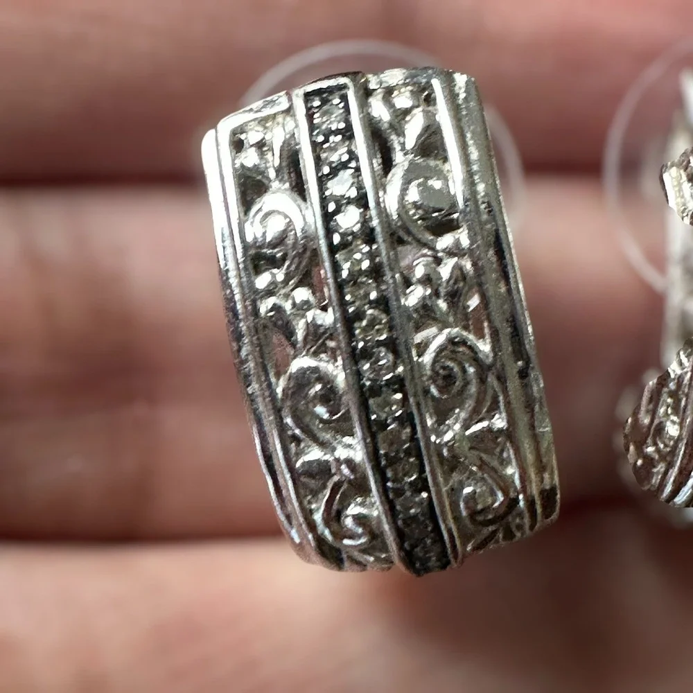 VTG Half Hoop Post Earrings 0.75 Inch Clear Rhinestones Ornate 925 Sterling 5.3g