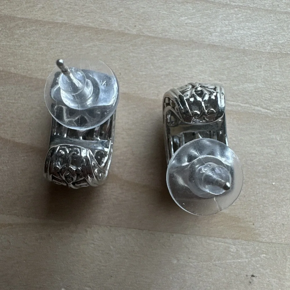 VTG Half Hoop Post Earrings 0.75 Inch Clear Rhinestones Ornate 925 Sterling 5.3g