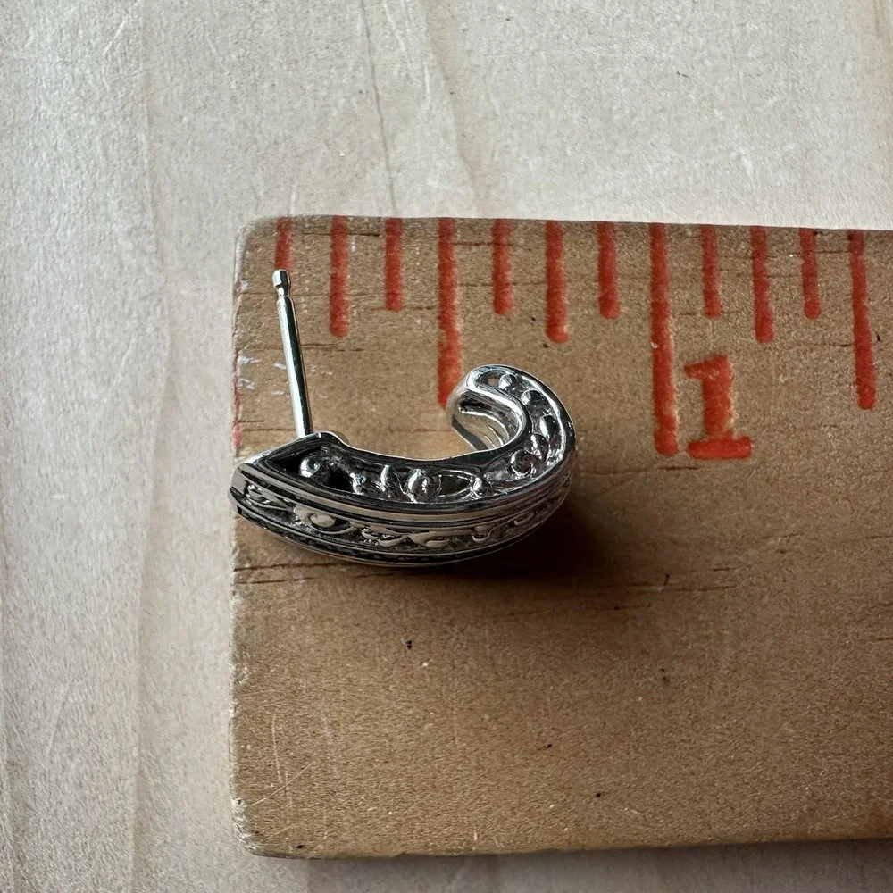 VTG Half Hoop Post Earrings 0.75 Inch Clear Rhinestones Ornate 925 Sterling 5.3g
