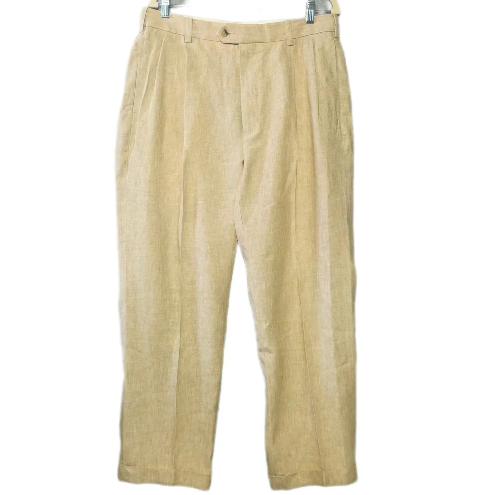 Jos. A. Bank Linen Trousers Men 34x29 Tan Pleated Cuffed Traveler's Collection
