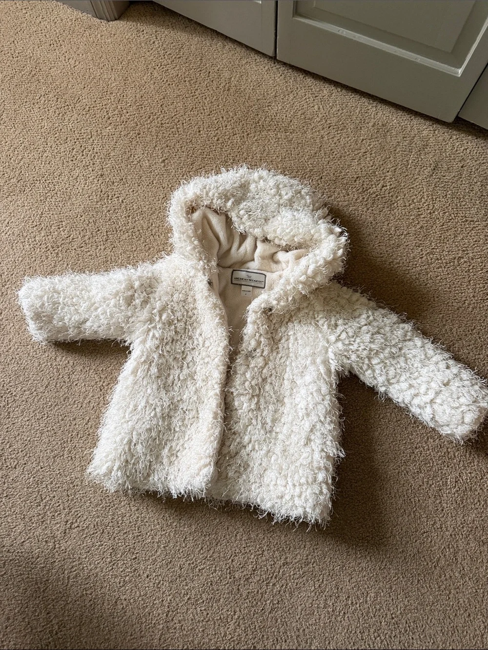 Kids Cream Plush Hooded Puffer Jacket