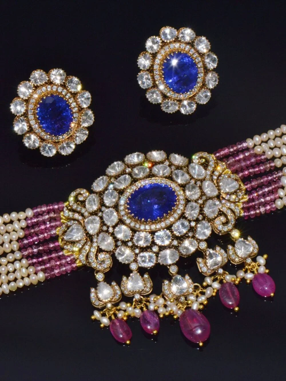 Natural Tanzanite Uncut Diamond Pearl Ruby Tourmaline 18K Gold Necklace Set