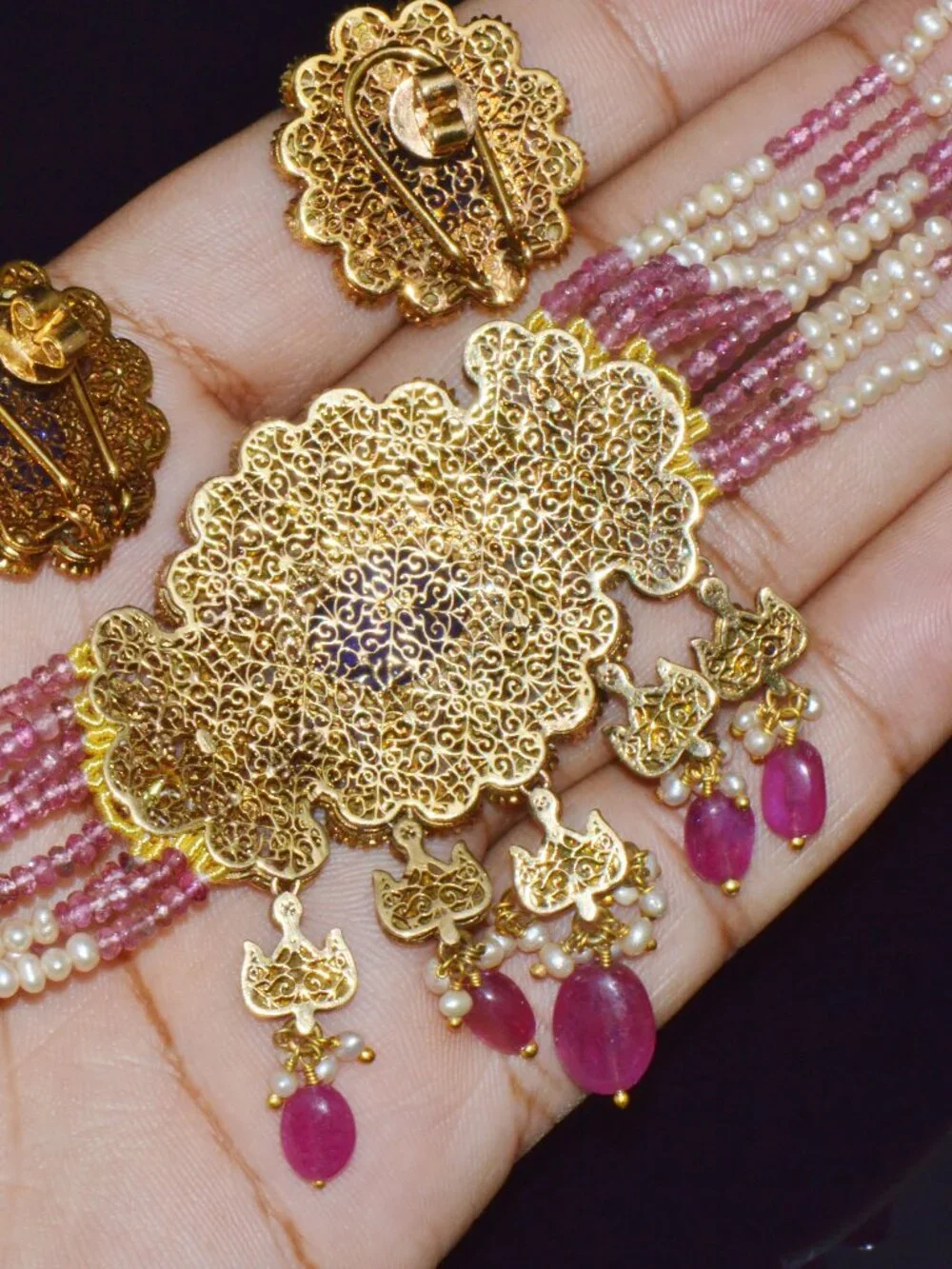 Natural Tanzanite Uncut Diamond Pearl Ruby Tourmaline 18K Gold Necklace Set