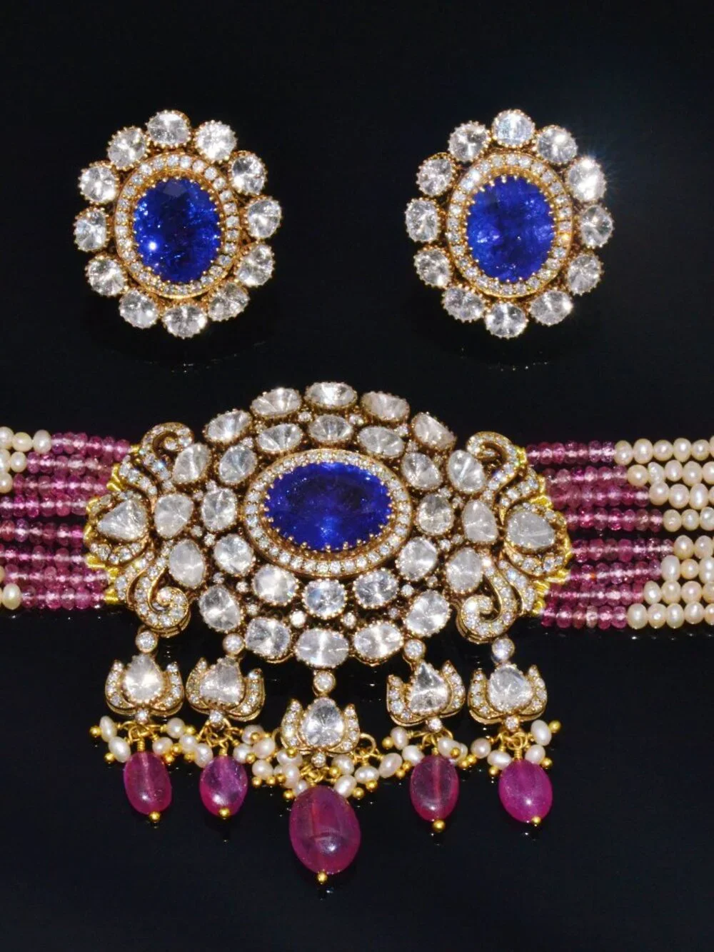 Natural Tanzanite Uncut Diamond Pearl Ruby Tourmaline 18K Gold Necklace Set