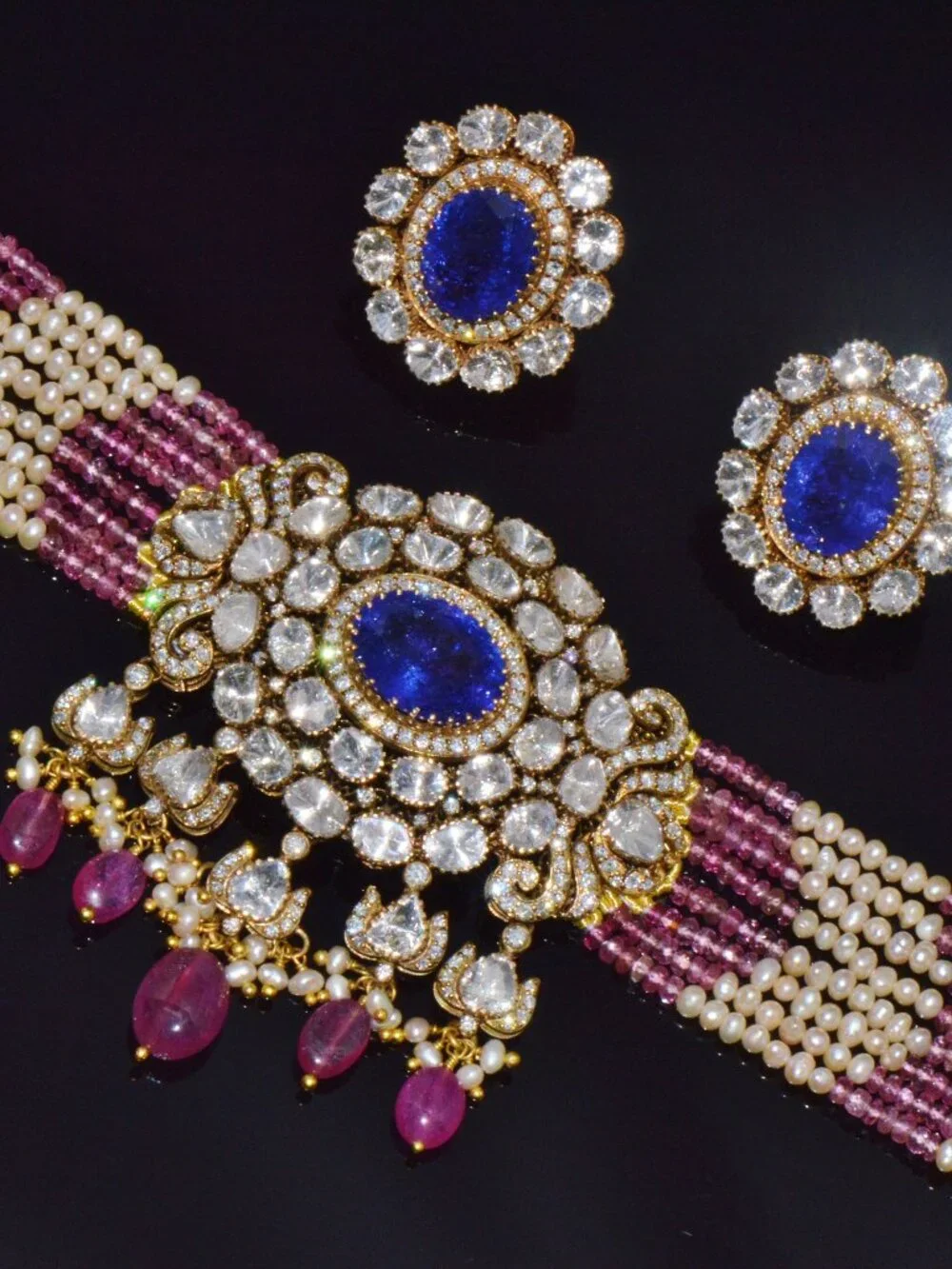 Natural Tanzanite Uncut Diamond Pearl Ruby Tourmaline 18K Gold Necklace Set