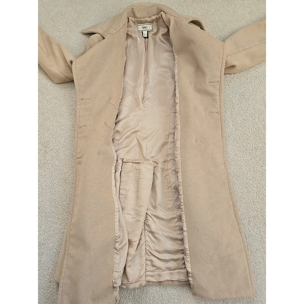 Mango MNG Beige Wool Blend Long Sleeve Double Breasted Trench Coat‎ Jacket S