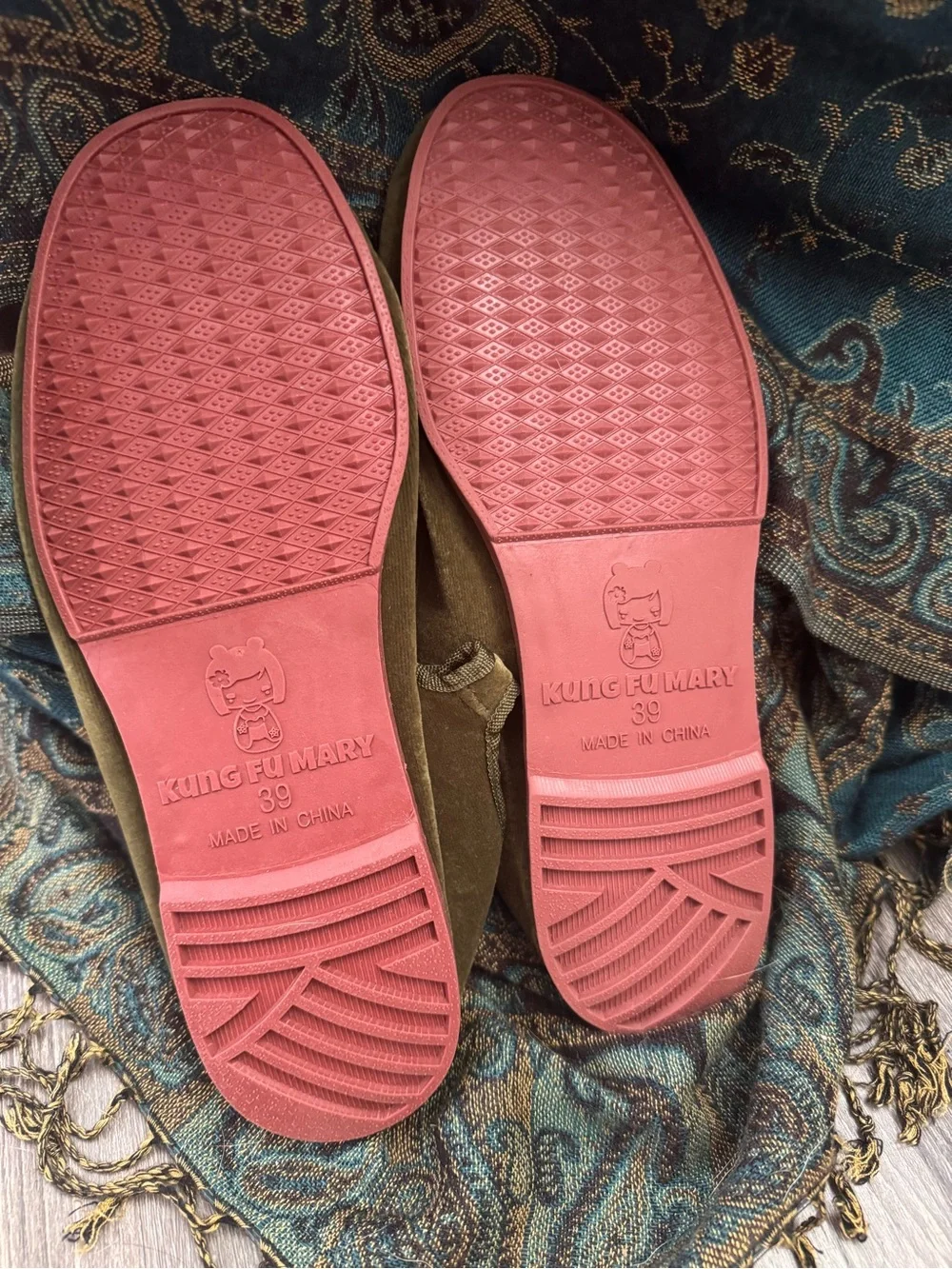 Kung Fu Mary - Olive Green Velvet Mary Jane Flats